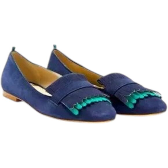 Boden Shoes - Boden Melody Suede Loafers Fringe Flats Kiltie - Blue/Green - EU 41